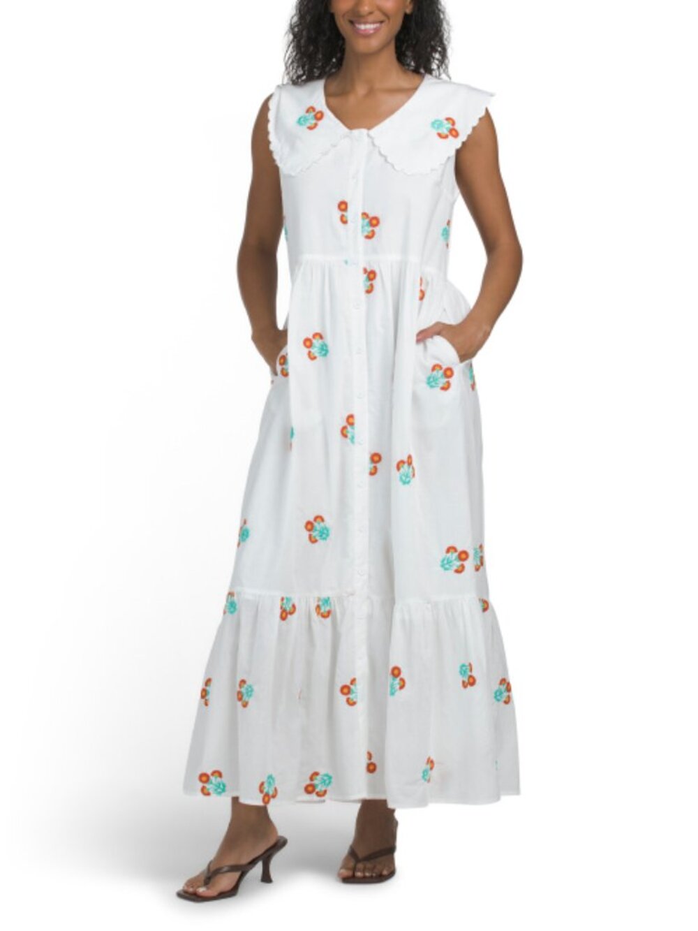 Solitaire white floral embroidered button down cotton maxi dress with pockets L